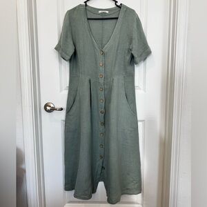 WoolOvers Elegant Teal Button-Down Linen Dress